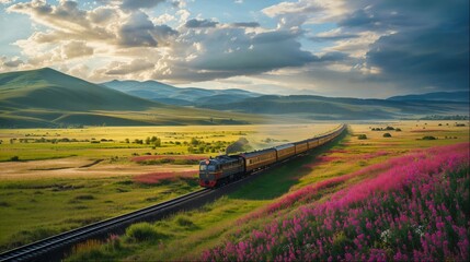 A passenger train rushes through summer fields - obrazy, fototapety, plakaty