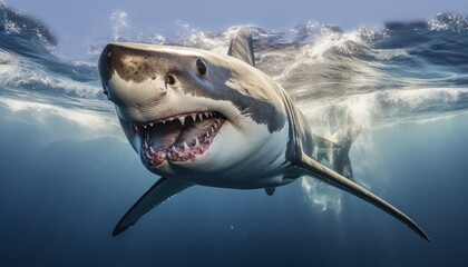 A Great White Shark, with its sharp teeth visible, opens its mouth wide in the water as it swims gracefully