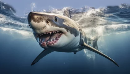 Fotobehang A Great White Shark, with its sharp teeth visible, opens its mouth wide in the water as it swims gracefully © Anna