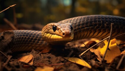 The image shows a close-up view of an Indian Cobra slithering on the ground, showcasing its scales and unique patterns. The snake appears alert and ready to strike