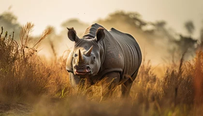 Fotobehang A large Indian Rhinoceros is standing in a field of tall green grass. The rhino appears sturdy and powerful against the backdrop of the grass © Anna