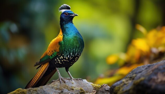 A vibrant Himalayan Monal bird with colorful plumage is perched on a rock in its natural habitat. The bird appears bright and eye-catching against the rocky background