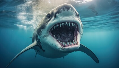 A great white shark, showcasing its powerful jaws, open wide as it swims through the ocean waters