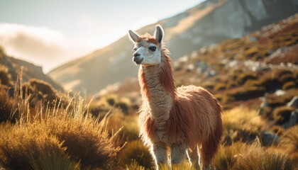 A llama is standing in the middle of a vast field, surrounded by green grass and under a clear sky. The llama is calm and appears to be grazing peacefully