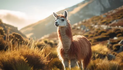 Photo sur Plexiglas Lama A llama is standing in the middle of a vast field, surrounded by green grass and under a clear sky. The llama is calm and appears to be grazing peacefully