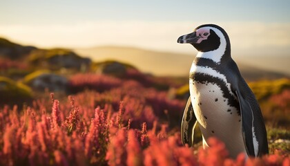 A Magellanic Penguin stands amidst a field of colorful flowers. The penguin appears to be exploring...