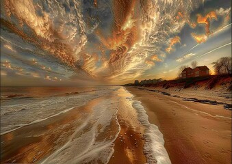 Breathtaking Seascape with Dramatic Fiery Cloud Formations at Sunset, Reflecting on the Water Along a Quiet Beach