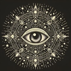 Esoteric occult symbol vector Eye of Providence inside of circle with sun, moon and human skull with dotted pattern around. Spiritual mason or tarot cards symbolic, isolated amulet, alchemy  - obrazy, fototapety, plakaty