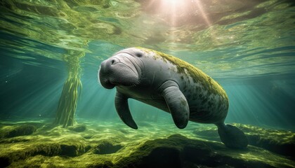 A Manatee gracefully glides through the clear blue waters, its flippers propelling it forward. The sunlight filters through the surface, creating beautiful patterns on its shell - obrazy, fototapety, plakaty