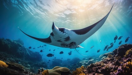 A manta ray gracefully swims through the clear waters above a colorful coral reef. The majestic rays wings flap gently as it navigates the vibrant underwater landscape - obrazy, fototapety, plakaty