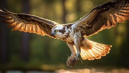 An Osprey, a bird of prey, glides gracefully above a body of water. Its wings spread wide as it hunts for fish below, showcasing its impressive aerial prowess