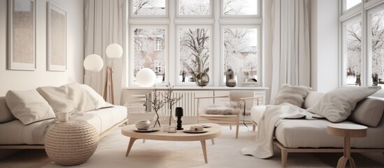 A white Scandinavian living room filled with furniture, including a sofa, coffee table, and shelves, illuminated by natural light streaming in from a large window.