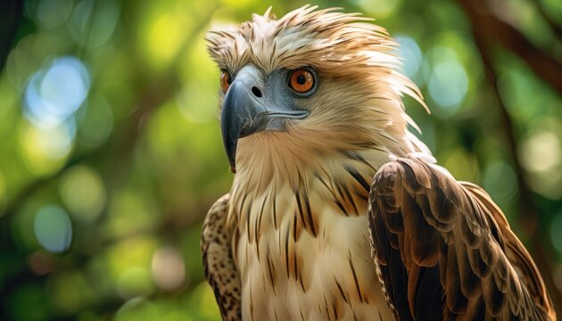 A close-up view of a Philippine Eagle perched on a tree branch, displaying its majestic presence in its natural habitat. The bird of prey is alert and focused, showcasing its sharp beak and talons