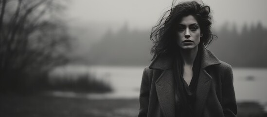 A melancholic black and white portrait capturing a woman in a coat, standing in a nature setting....