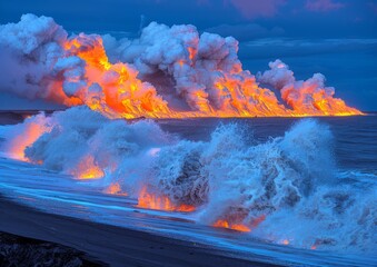 Lava Meets Ocean: A Spectacular Display of Earth's Raw Power with Fiery Eruptions and Turbulent Waves