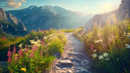 Vibrant Mountain Path with Blooming Flowers