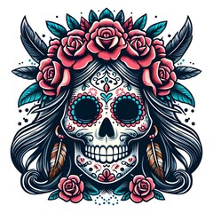 girl ornately decorated colorful floral skull Day of the dead festival art illustration isolated on white background