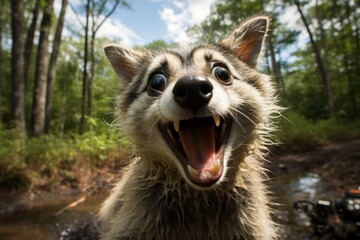 Curious raccoon looking at the camera with a surprised expression, showing amazement and wonder - obrazy, fototapety, plakaty