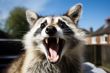 Astonished raccoon with wide eyes and open mouth looking surprised in a natural setting