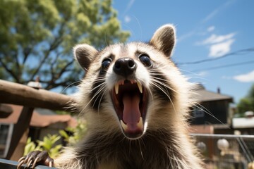 Inquisitive raccoon with a surprised expression looking directly into the camera - obrazy, fototapety, plakaty