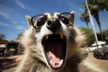 Curious raccoon with fluffy fur looking astonished in the natural forest habitat - obrazy, fototapety, plakaty