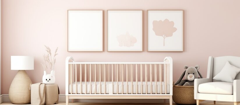 The babys room features a stylish crib with a cozy chair, adorned with blank posters on the wall waiting for decoration. The room exudes a chic and modern design ideal for a newborn.