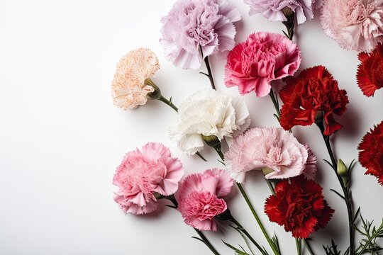 Carnations fresh flowers on a white background.