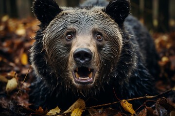Surprised bear with wide open eyes and stretched mouth showing astonished curiosity