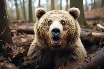 Fototapeta premium Surprised bear with wide open eyes and stretched mouth looking curious and astonished
