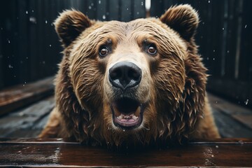 Surprised bear with expressive eyes and mouth conveys astonished curiosity in wildlife image