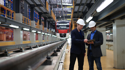 Two blue-collar businessmen maintain modern electric train machinery for the transportation system.