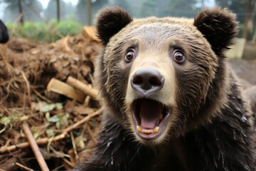 Surprised bear with wide eyes and open mouth, displaying astonishment and curiosity - obrazy, fototapety, plakaty