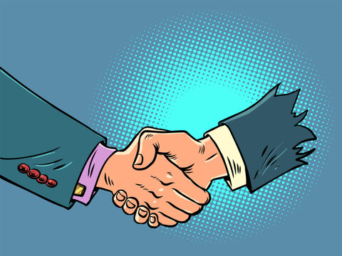 Handshake of male hands at a business meeting. Frustrated expectations and scammers at work. Loss of trust in cooperation between firms.