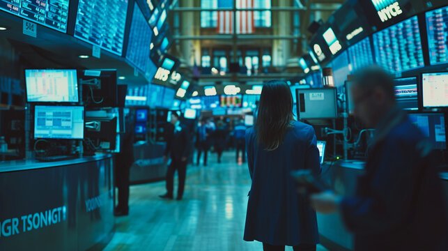  A bustling stock exchange floor where a businesswoman trades stocks and bonds with confidence, leveraging her financial expertise for success