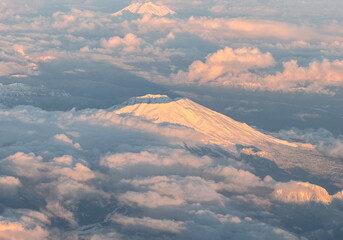 Scenic aerial Mt Saint Helens vista at sunset in winter, Washington State