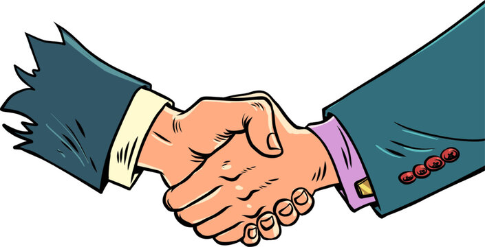 Handshake of male hands at a business meeting. Frustrated expectations and scammers at work. Loss of trust in cooperation between firms.