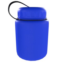 A blue water bottle with a black handle