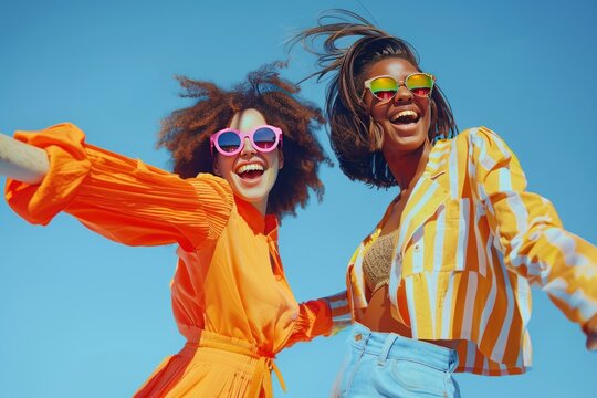 Two women wearing sunglasses and smiling for a picture. Scene is happy and carefree