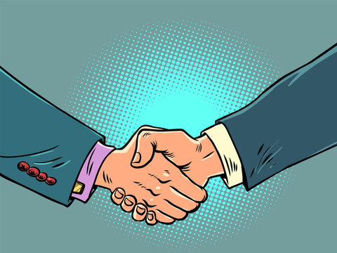 Handshake of male hands at a business meeting. Mutual respect between boss and employees. Trusting relationships with business partners.