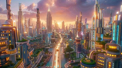 Futuristic city skyline at sunset, portraying an advanced metropolis with a blend of technology and urban life - obrazy, fototapety, plakaty