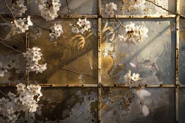 A lattice window frames a glimpse of cherry blossoms. The delicate petals flutter against a backdrop of antique gold.
