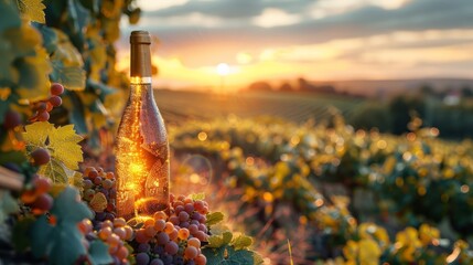 A bottle of wine rests on grapes in a vineyard under a clear blue sky