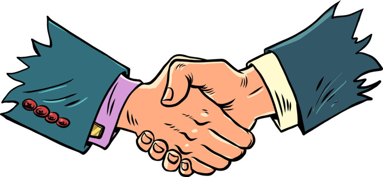 Handshake of male hands at a business meeting. Fraud and lies in relationships between colleagues. Frustrated expectations on both sides.