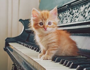 orange kitten on an ornate vintage piano