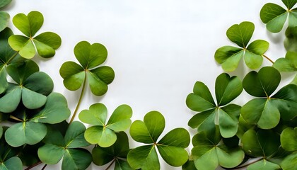 top-down photo of st. patricks day clovers on white background - copy text space
