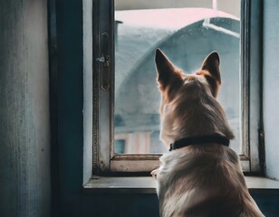 photo of a lonely dog staring out a window. muted cool colors. 