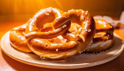 plate of salted soft pretzels in golden light