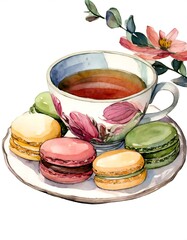 illustration of a porcelain teacup and saucer of colorful macaroon cookies. teatime artwork with flowers. 
