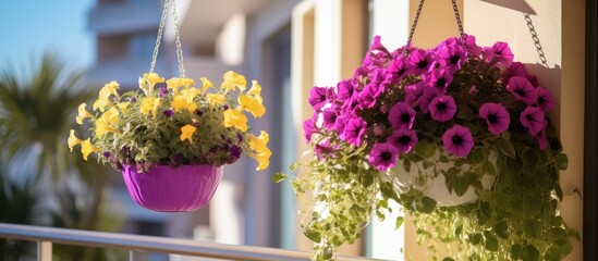 Two hanging baskets on a balcony are overflowing with sunlit purple and hot pink terry petunias and yellow gazanias. The vibrant colors of the flowers stand out against the green foliage, - obrazy, fototapety, plakaty