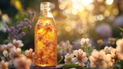 A glass bottle filled with flower liquid, surrounded by petals and plants